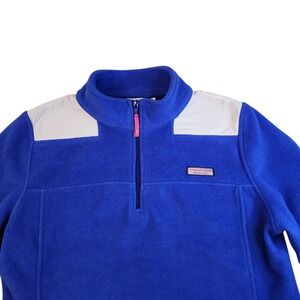 VINEYARD VINES Womens MEDIUM Whale 1/4 Zip Blue w/ Pink Stripe Fleece Sweatshirt